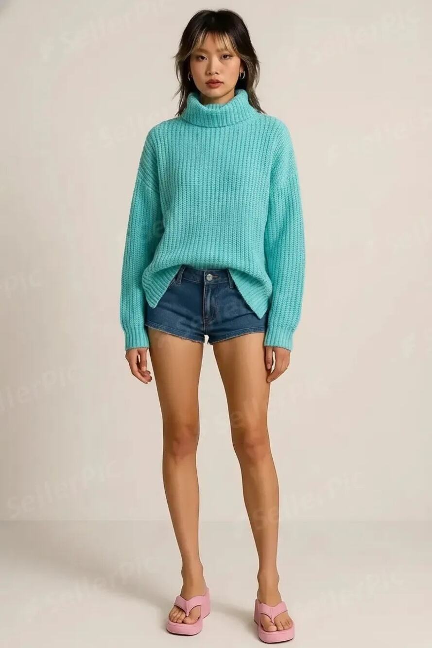 Free People Slouchy Aqua Knit Turtleneck Sweater XS